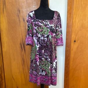 ECI Purple Black Short Bell Sleeves Floral Pattern Boho Stretch Knit Pull Over